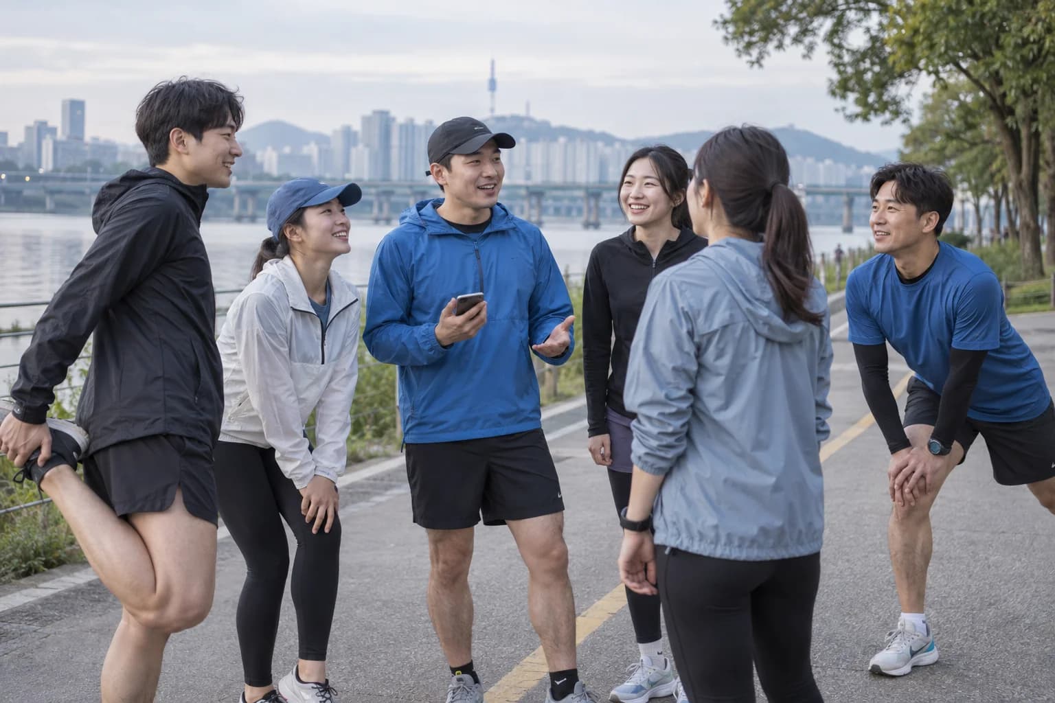 강변에서 러닝 모임의 새 멤버를 맞이하는 크루