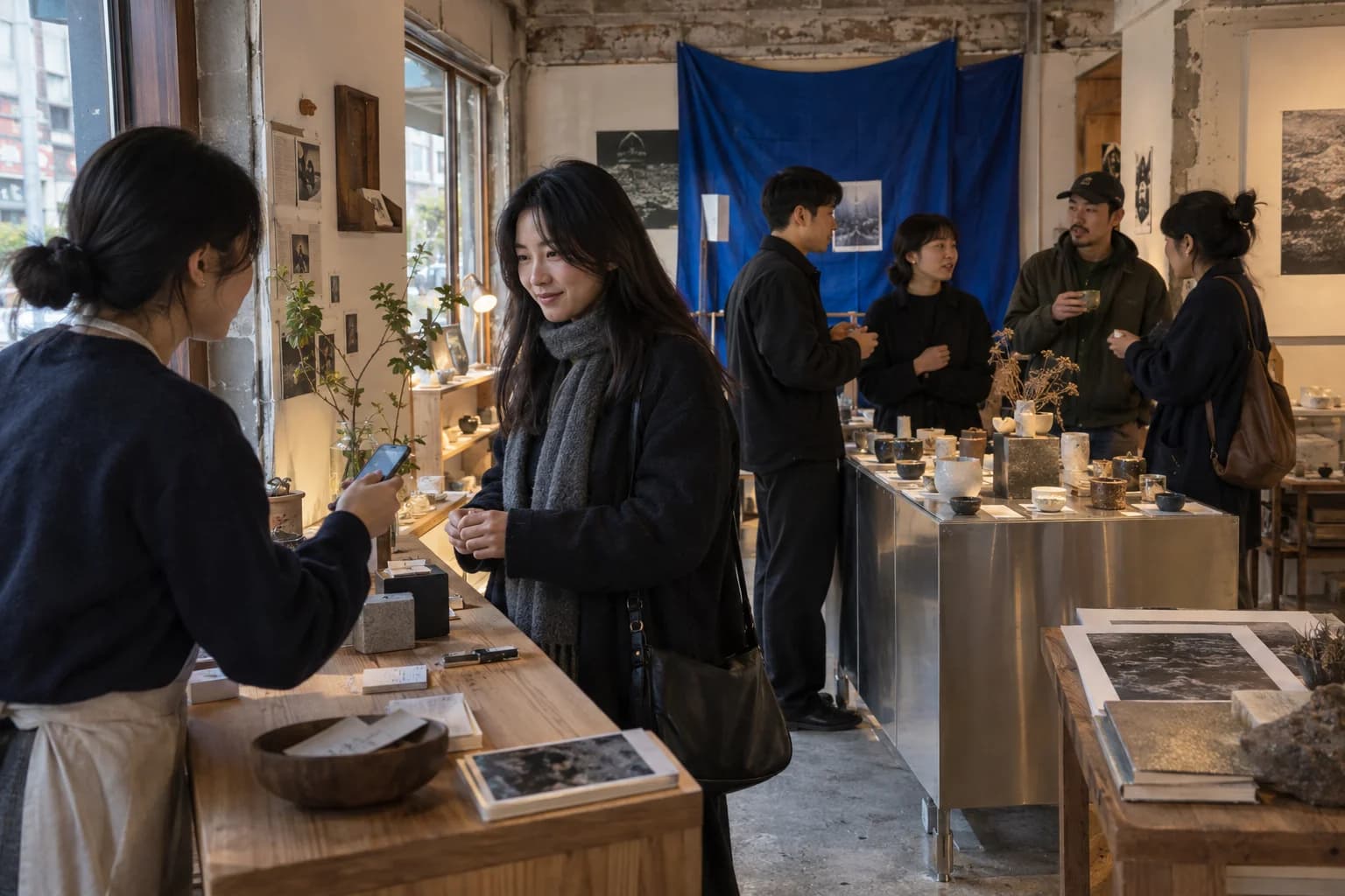 작은 디자인 팝업에서 방문객을 맞이하고 전시를 함께 둘러보는 장면
