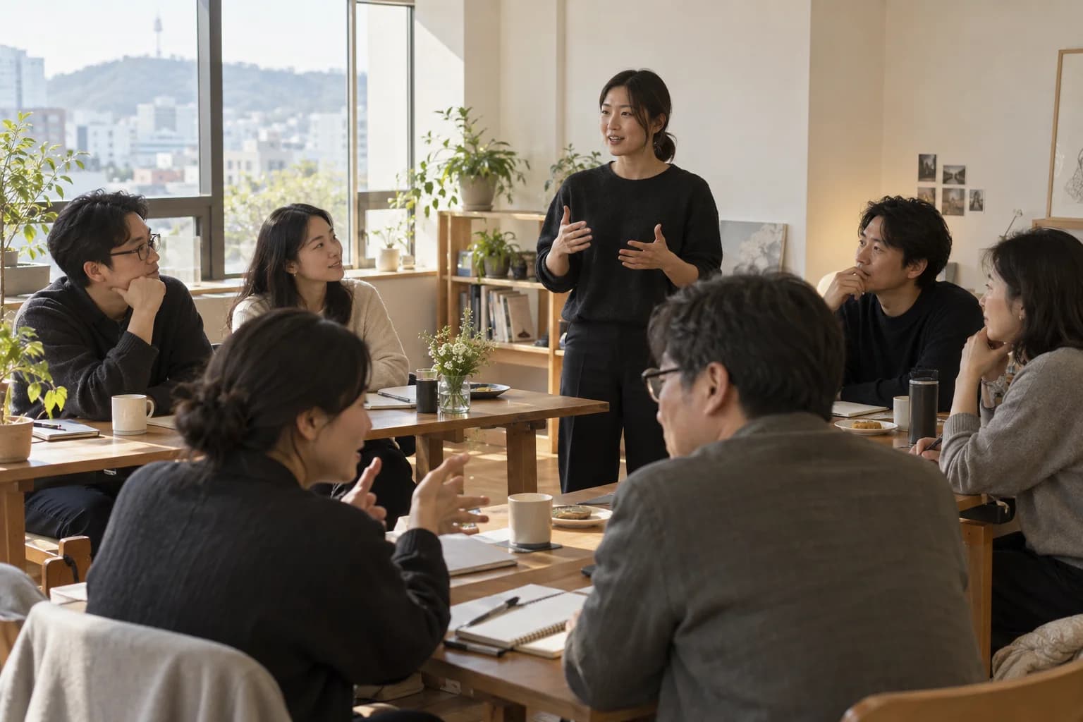 소규모 세미나에서 발표를 듣고 의견을 나누는 사람들